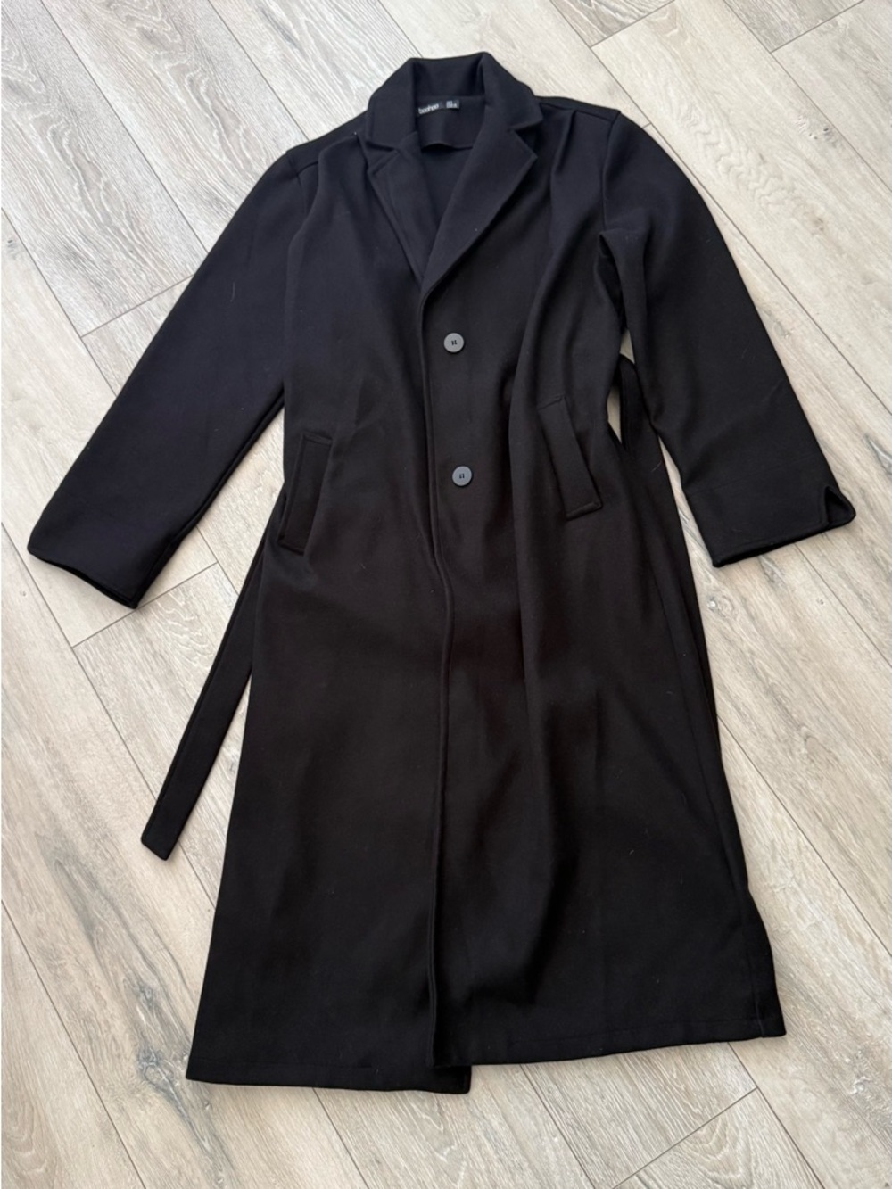 Boohoo Black Long Trench Coat with Waist Tie size 4